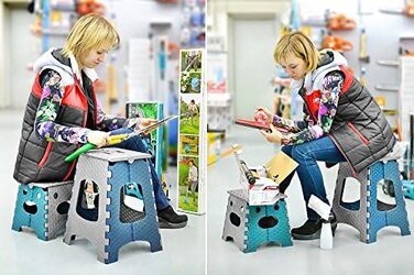 Складний стілець Stark 44 см – табурет до 120 кг, з ручкою, неслизький для кухні, ванної, саду та майстерні, компактний (Сіро-блакитний)