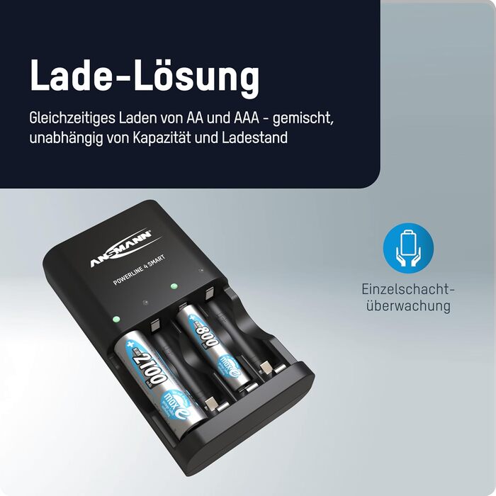 Зарядний пристрій ANSMANN Powerline 4 Smart з 4x NiMH 2850 акумуляторами для до 4 NiMH AA/AAA акумуляторів - автоматичний зарядний пристрій з режимом відновлення - зарядний пристрій для перезаряджуваних батарей (без акумуляторів)