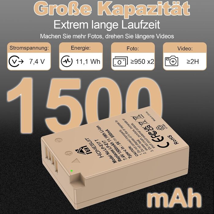 Акумулятор LP-E17 1300mAh та зарядний пристрій Dual USB LED для Canon Rebel SL3, SL2, T8i, T7i, T6i, T6s, EOS R10, R50, R8, RP, M3, M5, M6, 200D, 77D, 750D, 760D, 2x LP-E17 (колір: коричневий)