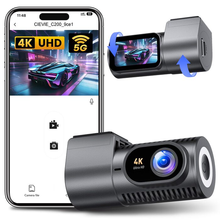 Автомобільний відеореєстратор 4K з 5GHz Wi-Fi, поворотна камера 360° та цілодобовим режимом паркування 24/7