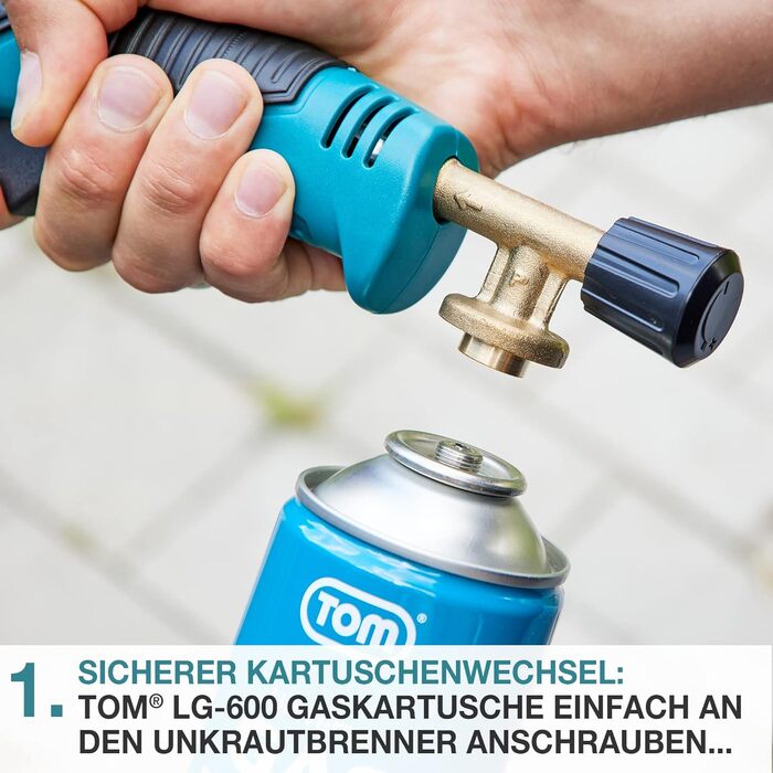 TOM Weed Burner Set + 4 x 330 g Universal Gas Cartridge with Screw Thread 600 ml – Flaming Device ideally suited for weed removal on paving stones, sidewalks, and paved joints. Grill lighter, Blue