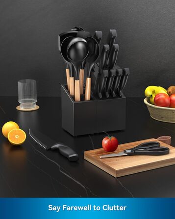ACOQOOS 14-Piece Knife Block Set with Sharpener - Black Kitchen Knife Set
