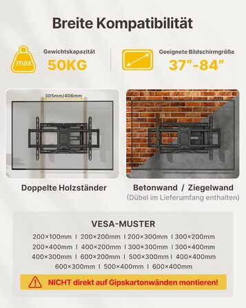 Кріплення для телевізора monTEK Full Motion з регулюванням, 37-84 дюйми, до 50 кг, VESA 600x400 мм, для дерев'яних підставок