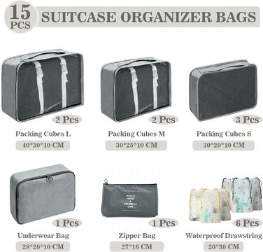 Органайзери для подорожей GIBOHOM: Набір з 15 штук, водонепроникні, сірі