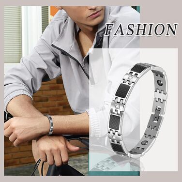 Чоловіче магнітне браслет JewelryWe з нержавіючої сталі, терапевтичний ефект, великий, масивний, з ланцюжком, для здоров'я, подарунок на День батька (вуглеволокно & цирконій, чорний/сріблястий)