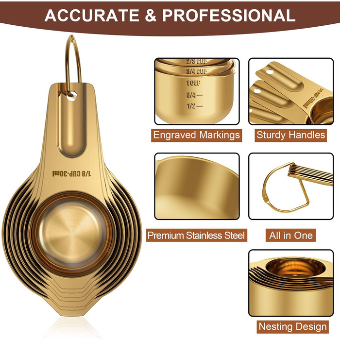 Wildone Copper Measuring Cups and Spoons, 21-Piece Set, including 7 Nesting Measuring Cups, 8 Measuring Spoons, 1 Leveler, and 5 Mini Measuring Spoons, ideal for dry and liquid ingredients