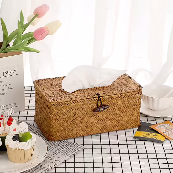 SUMNACON Rectangular Seagrass Cosmetic Tissue Box for Home Decorative Woven Paper Holder Candy Rattan Tissue Box Home Decoration for Bathroom Living Room Office Restaurant Handmade Brown