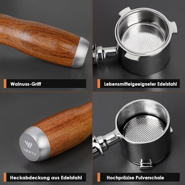 Портфільтр з 3 вушками для кавомашини De'Longhi La Specialista, 51 мм, моделі EC9335, 9155, 9355, 9665, нержавіюча сталь, дерев'яна ручка з горіха