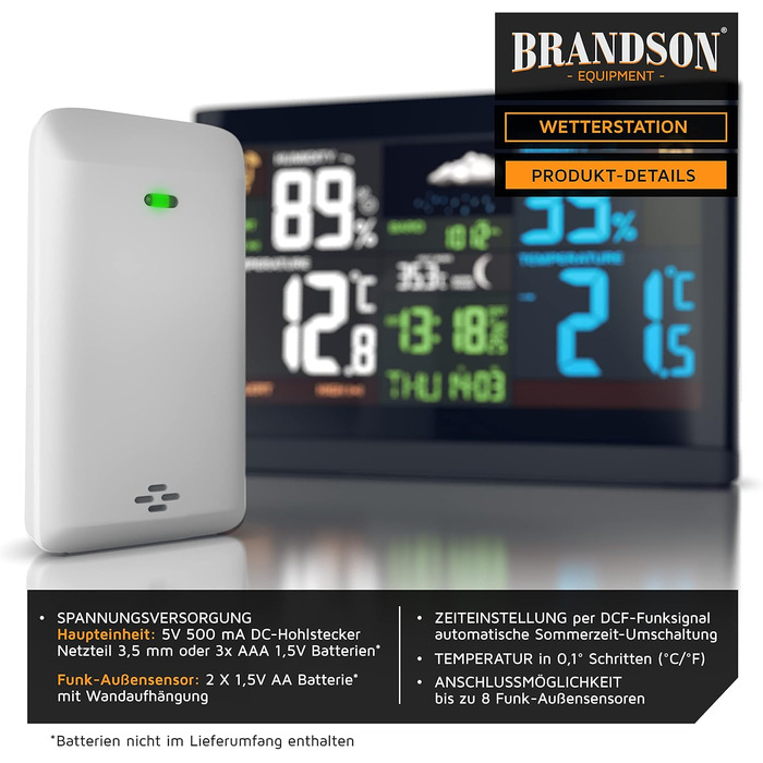 Brandson Weather Station with Color Display - with Outdoor Sensor - DCF Radio Clock Reception Signal - Indoor and Outdoor Temperature - Relative Air Pressure - Barometer - Temperature Trend – Light Sensor - LCD Display
