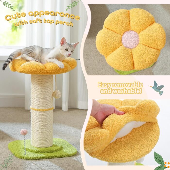 Flower Cat Tree - Small Cat Tree for Indoor Cats with Super Thick Scratching Post [Dia=14cm], Detachable Flower Cat Bed, Feather Ball - (Yellow)