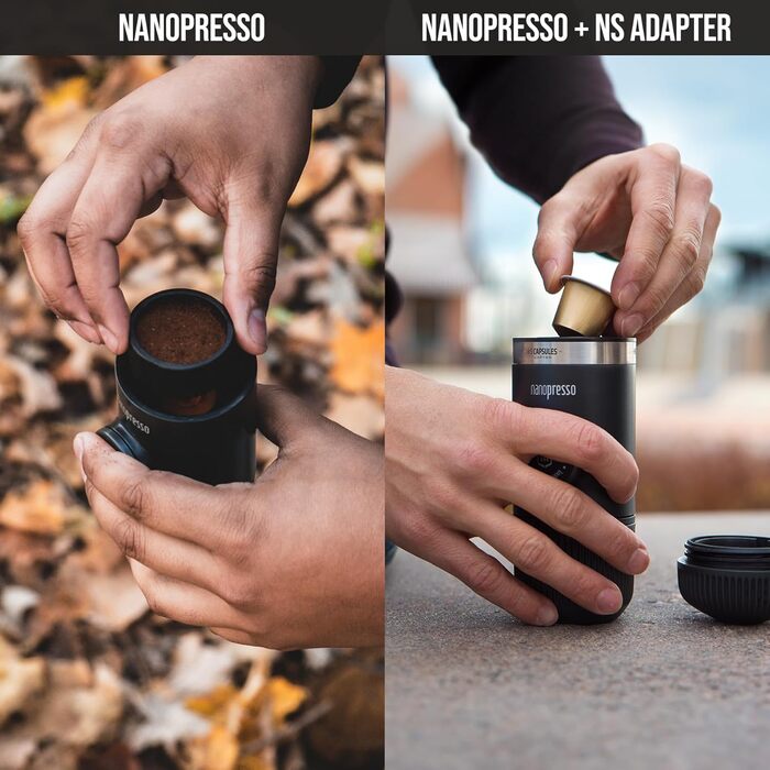 WACACO Nanopresso Portable Espresso Machine with NS Adapter, Compatible with *Nespresso®* Capsules and Ground Coffee, Manual Travel Coffee Machine Set, Perfect for Camping
