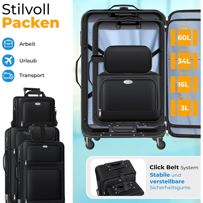Набір валіз KESSER® 4-в-1 | Чотири валізи з тканини з TSA-замком, 360° колесами та телескопічною ручкою | Косметичка, ручна валіза та великі валізи для подорожей та бізнесу (Чорний)