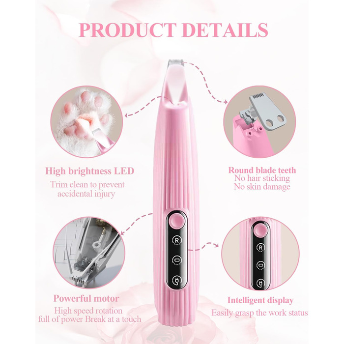 Триммер для собак LOEVERY з LED-підсвічуванням, 9 мм, USB-зарядка, рожевий. Ідеально для догляду за лапами, очима, обличчям та вухами