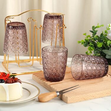 Joeyan 300ml Rosa Wassergläser Vintage, Colored Drinking Glasses with Embossed Design, Colored Glasses Set of 6, Dishwasher Safe