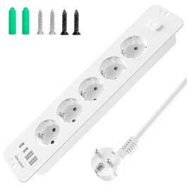 Мережевий адаптер з 2 USB-C (PD 20W) та 1 USB-A, 3 розетки з вимикачем, захист від перенапруги, кабель 1.5м (розподільник для столу)