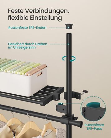 SONGMICS Telescopic Rod Clothes Rack, 3-Tier Wardrobe, Height and Width Adjustable, Open Closet with 2 Clothes Rods and Removable Shelf, Gripper Arm, Matte Black HSR136B01
