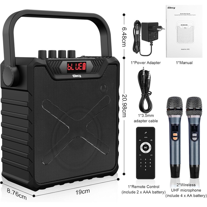 Портативна караоке-машина з 2 UHF мікрофонами, Bluetooth, підсилювач басів для дітей та дорослих, PA-система