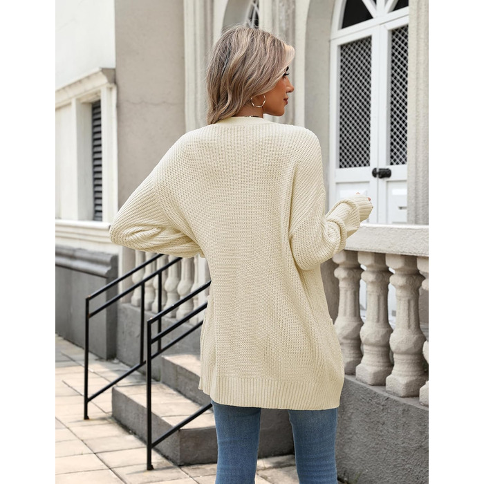 Жіночий в'язаний кардиган Zeagoo з довгим рукавом, вільний крій, V-подібний виріз, грубий в'язання, бежевий колір, для осені та зими