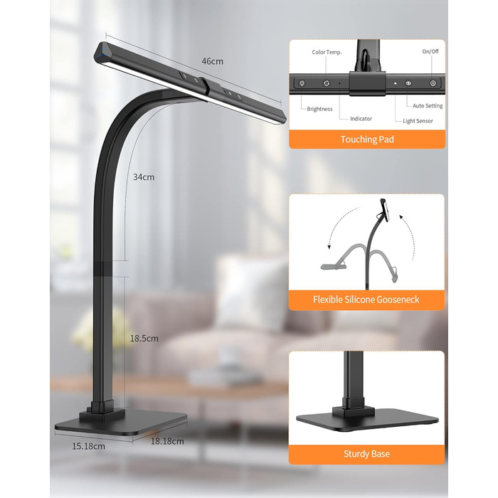 LED лампа для столу KableRika: регульоване освітлення, захист очей, 6 кольорів, для офісу та дому