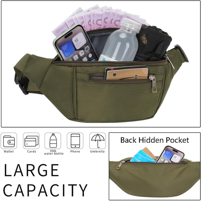 Чоловіча/жіноча поясна сумка на пояс, бананка, водонепроникна, для спорту, подорожей, фітнесу, бігу (оливковий)