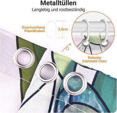 Штора для душу 300x200 см, зелені листки, антигрибкова, текстильна, з обтяженим краєм, водовідштовхувальна, поліестер, з кільцями та 16 гачками для ванної кімнати