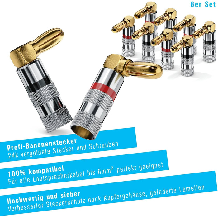 Бананові конектори Sonero® для акустичних кабелів до 6 мм², 4 шт. з кольоровим кодуванням (12x червоний, 12x чорний), 24K позолота (8 шт., кут 90°, Single)