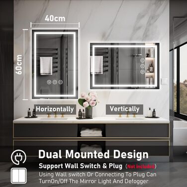 Дзеркало для ванної кімнати 40x60 см з LED-підсвічуванням, антизапар, регулювання яскравості, 3 кольори світла