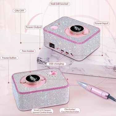 Професійна електрична машинка для манікюру та педикюру 45000 RPM, рожева, з алмазним фрезером, для салонного та домашнього використання