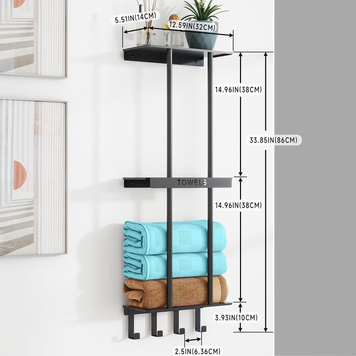 Чорний триярусний тримач для рушників з металевою полицею та 4 гачками, 86 см