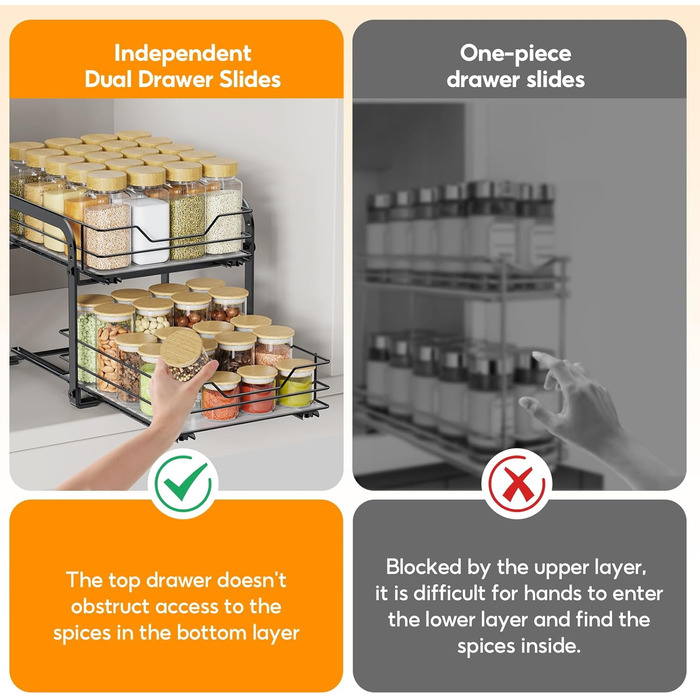Висувна полиця для спецій на 2 яруси, регульована висота, органайзер для кухонної шафи. Висувна полиця для спецій з наклейками для кухні та робочої поверхні, розмір 26x23x23 см