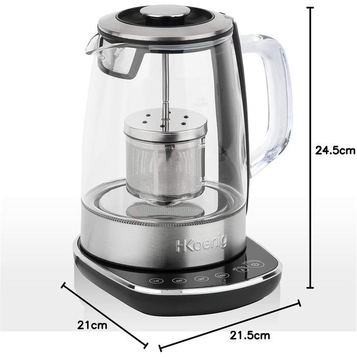 H.KOENIG TI600 Instant T Teapot Electric Kettle 1.5L, 1.5 liters, Stainless Steel/Glass