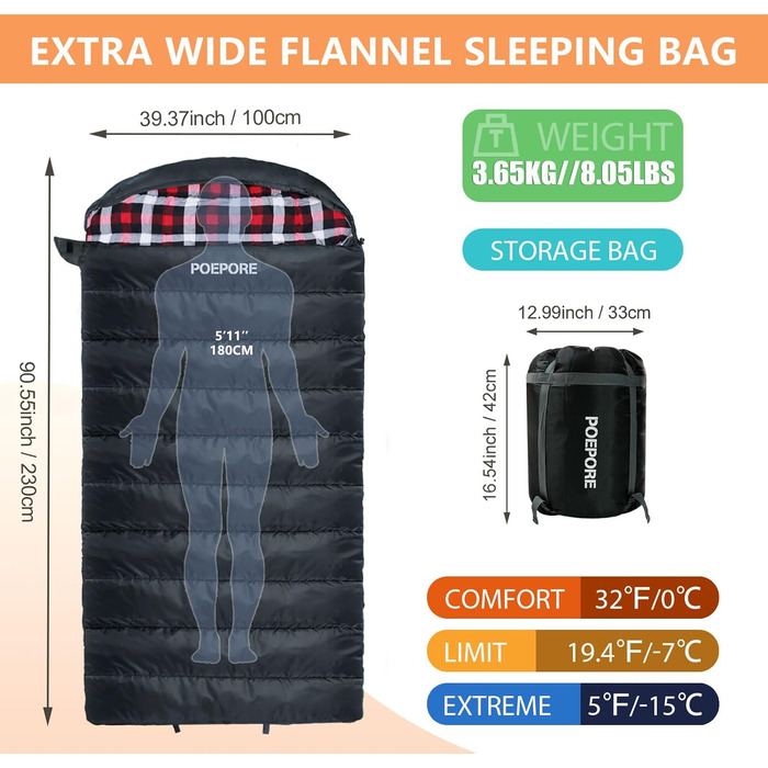 Сплячий мішок Poepore Outdoor Winter для дорослих, Extra Wide, 3-4 сезони, XXL, теплий бавовняний фланелевий ковдровий спальний мішок для кемпінгу, походів, пригод, 230*100см, 0°C (Сірий-R-Zip, -6°C)