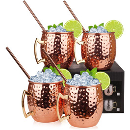 Moscow Mule Copper Mugs: Set of 4 – Includes 4 x 550ML Mugs, 4 Straws in Gift Box – Great for Cocktail and Chilled Drinks – 100% Copper Accessory Lovers