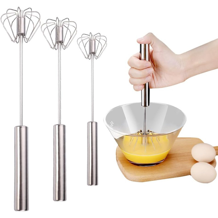 Semi-Automatic Stainless Steel Egg Beater, Semi-Automatic Egg Beater, Semi-Automatic Stainless Steel Egg Beater, Rotating Push Mixer Whisk for Whipping, Beating, Stirring (3PCS)