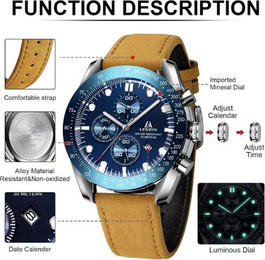 Годинник чоловічий LN LENQIN аналоговий кварцовий з датою, водостійкий 30M, модальний, повсякденний, коричневий, сріблястий, блакитний, без хронографа