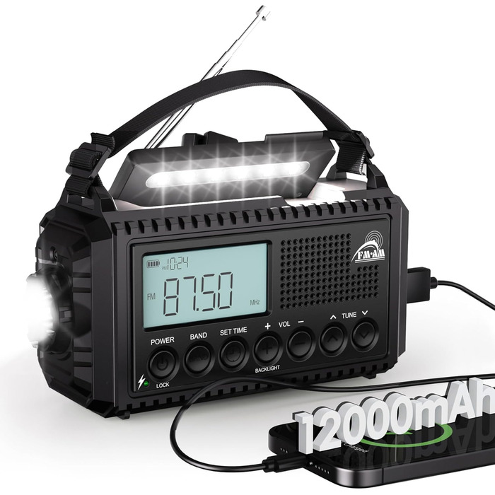 Радіостанція для будівельних майданчиків AM/FM/SW, радіо з ручним приводом та приймачем на весь світ, радіостанція для надзвичайних ситуацій з роз'ємом типу C, Powerbank/SOS-сигнал/Ліхтарик/Світло для читання/IPX4, портативне радіо для активного відпочинк