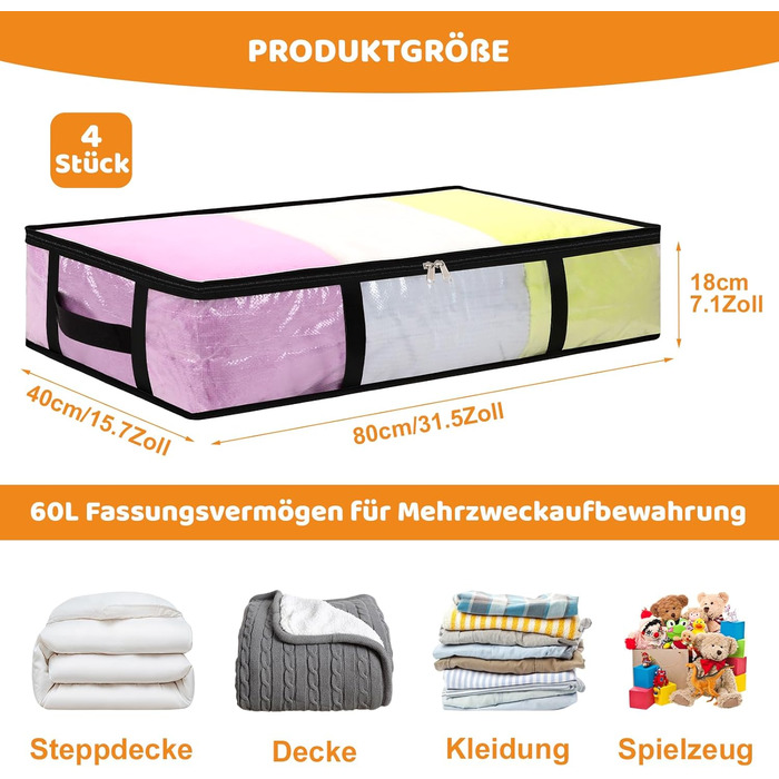 Коробки для зберігання під ліжко (4 шт) 90л з кришкою, прозорі, великі, складні, з ручками. Підходять для постільних речей, подушок, одягу.