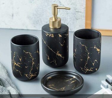 Набір аксесуарів для ванної кімнати FülleMore (4 шт.) з кераміки, імітація мармуру. Включає дозатор для мила (300 мл), мильницю, тримач для зубних щіток/склянку. Чорний колір.