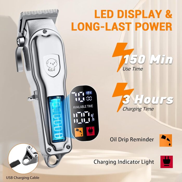 Машинка для стрижки собак і котів, професійна, з 4 насадками, потужний мотор, для тіла, обличчя, вух, лап (срібна)