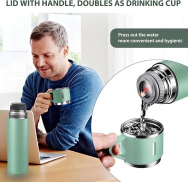 Stainless Steel Thermos Flask with Cup and Handle - 500ml Insulated Travel Mug - Leakproof, Double-Walled, Vacuum-Sealed - Keeps Hot/Cold for 12 Hours - for Kids, Sports, Outdoors (Black, Green)