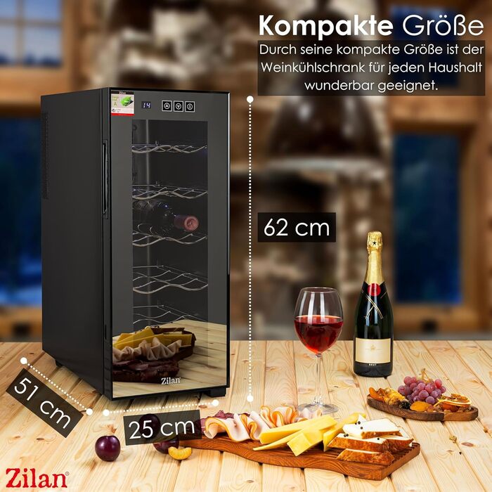 Виставковий винний холодильник Zilan на 12 пляшок, 33 літри, LED, тихий, міні-винний кліматичний шкаф з дверцятами зі скла