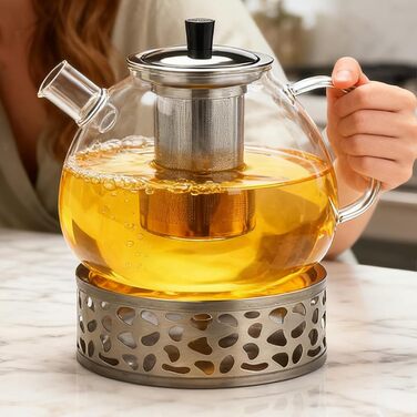 Скляний чайник для заварювання чаю з підставкою-підігрівачем та ситечком, 1500 мл, для листового та фруктового чаю