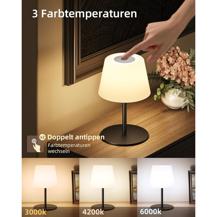 Світлодіодні настільні лампи EZVALO бездротові, 2 шт., IP65, USB-C, диммер сенсорний, 3 режими світла, для дому та кемпінгу (Чорні)