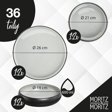 Moritz & Moritz SOLID UNI Dinnerware Set for 12 People Grey, 36-Piece - Modern Stoneware Dinner Set - Microwave & Dishwasher Safe, Dinnerware, Tableware, Combination Service for 12 People Grey Dinnerware Set (12 pcs)