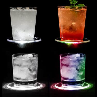 MEDOYOH Cool White LED Coasters, Glowing for Drinks, ON/Off Switch, Drink Coaster Set, Waterproof Acrylic Coasters Round for Glasses Bottles Parties Weddings Bar Christmas Pub (Colorful LED Coasters, Set of 4)