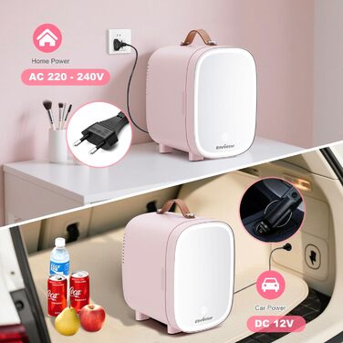 Mini-холодильник Enventor 4L (6 банок) з LED-дзеркалом, охолодження/нагрівання, рожевий