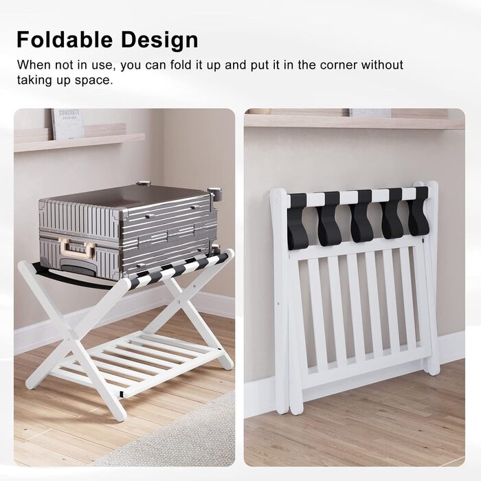 Fully assembled white luggage rack, enhanced bamboo, foldable suitcase stand with 5 nylon straps, luggage holder with shelf for guest rooms, hotel (white luggage rack, 1 piece)