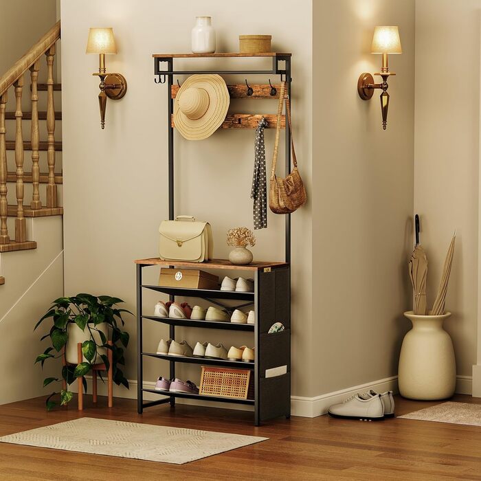 HOOBRO Coat Rack with Shoe Storage, Shoe Shelf with Coat Rack, Clothes Rack with 5-Tier Shoe Storage, Coat Rack with Shoe Cabinet, Adjustable Metal Grid Shelf, Greige EBG75MT01 (Vintage Brown + Black)