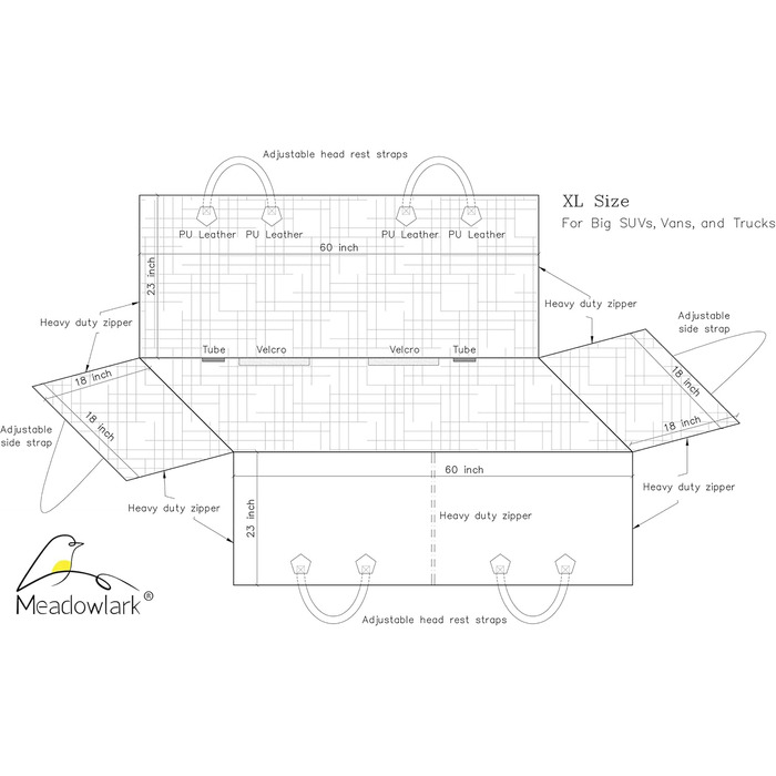 Meadowlark® Автомобільна підстилка для собак - водовідштовхувальна, повна комплектація, з сітковим віконцем, захист від шерсті, бруду та подряпин. Включає 2 чохли на підголівники. Розмір XL (152.5 x 162.5 см), чорний