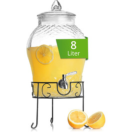 Glass Giraffe - Drink Dispenser with Stainless Steel Tap and Stand - 8 Liter - Water Dispenser - Carafe for Punch and Cocktails - Glass Lemonade Dispenser - Glass Vat